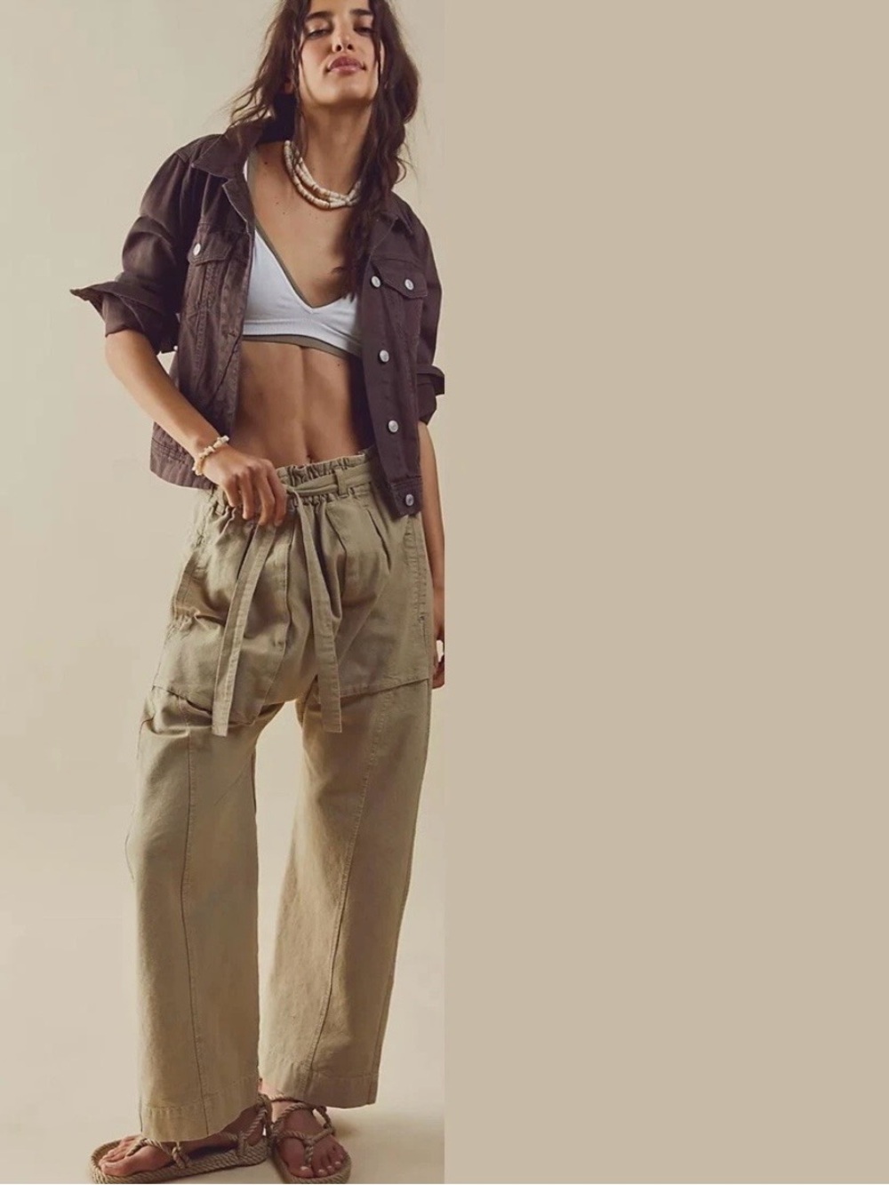 Free People Size Large Sky Rider Olive High-Rise Paperbag Straight-Leg Pants